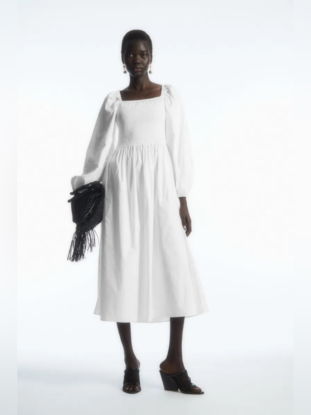 COS Crispy While Smocked Off-The-Shoulder Smocked Midi Dress Size 6 Side Pockets